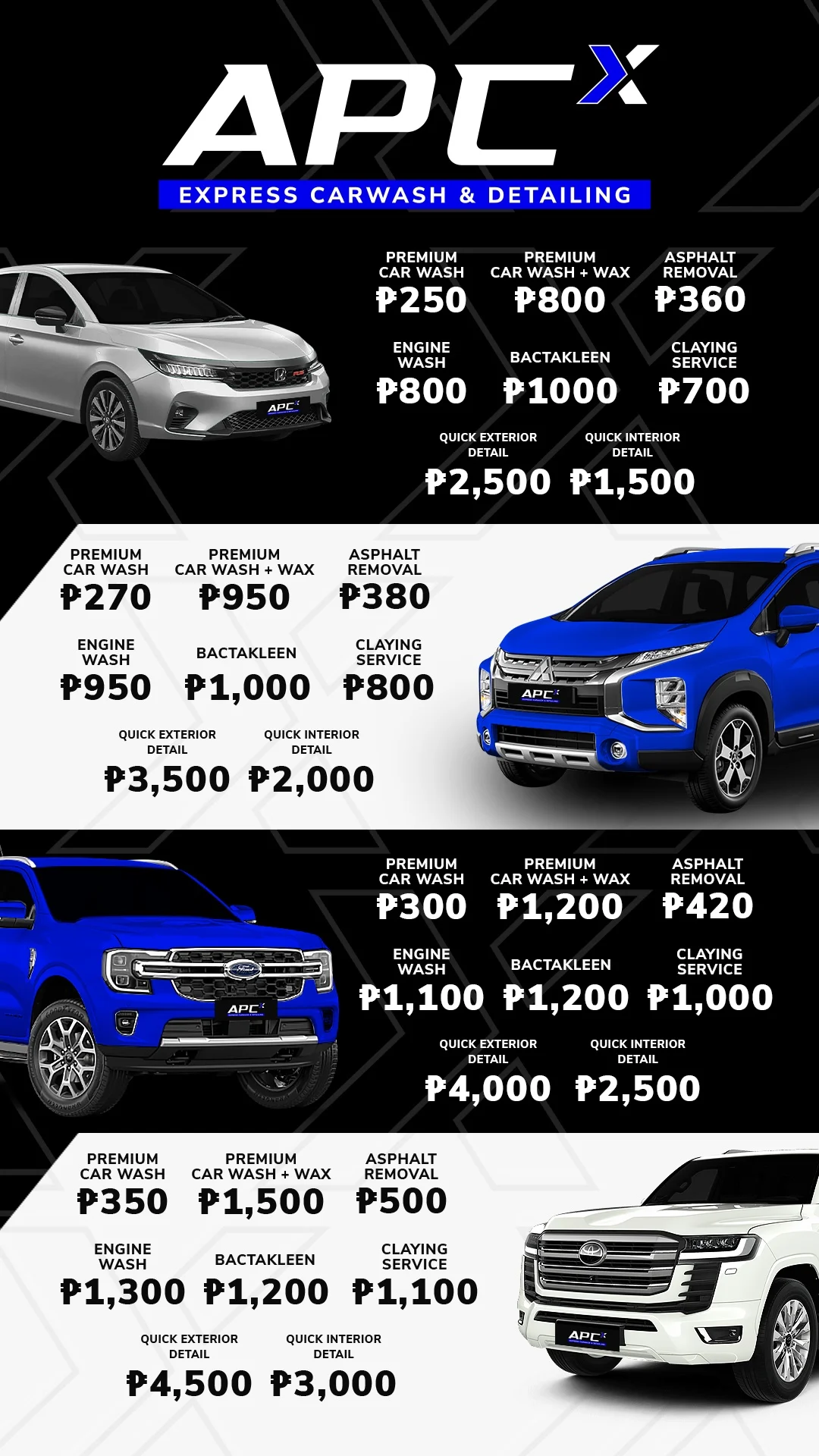 APCx Express Carwash & Detailing official price list poster